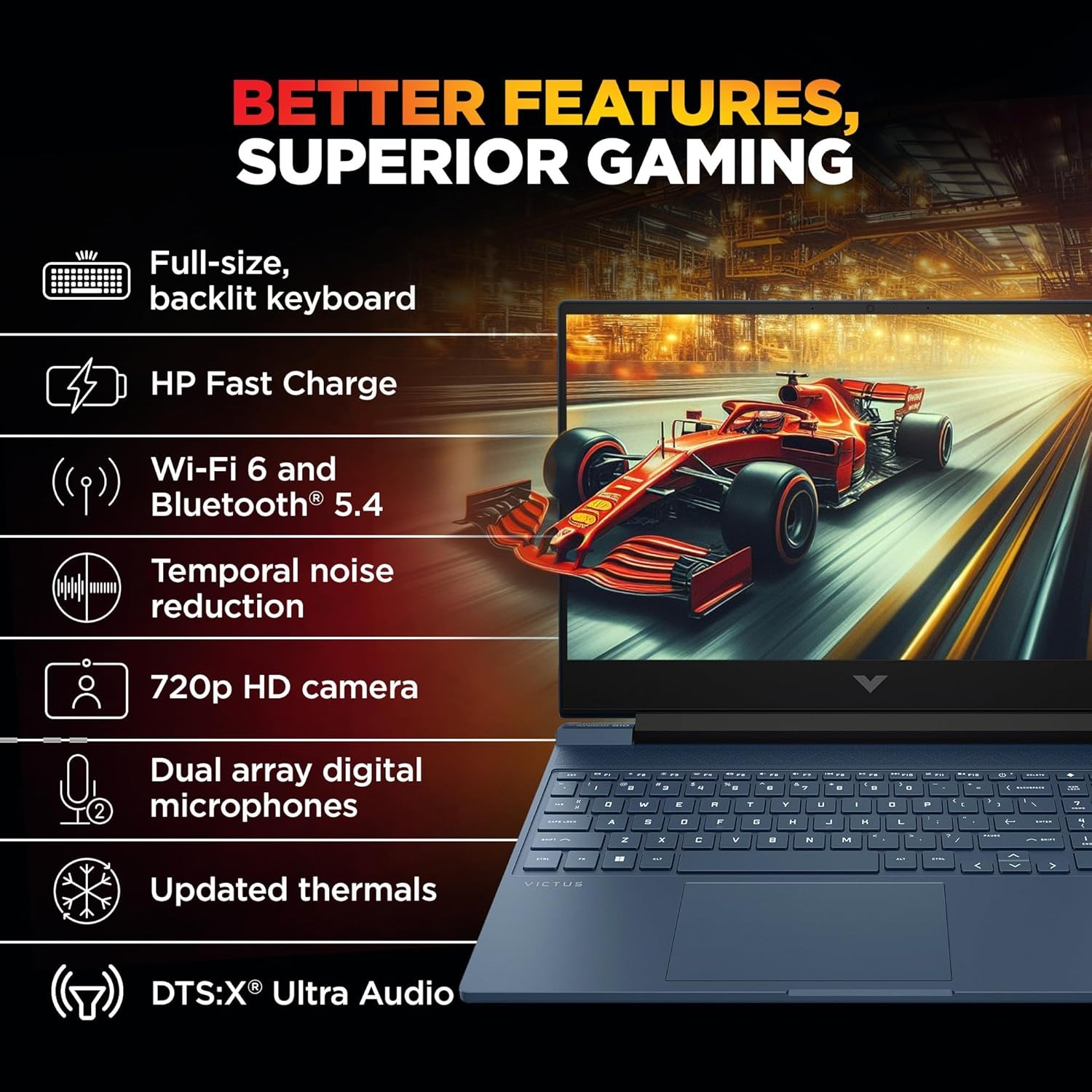 hp smartchoice victus, amd ryzen 5 8645hs, 6gb rtx 3050, 31 tops, 16gb ddr5(upgradeable) 512gb ssd, 144hz, 300nits, fhd, 15.6"/39.6cm, win11, m365* office24, blue, 2.3kg, fb3009ax, ai gaming laptop【6 core amd ryzen 5 8645hs】experience the power of 12 threads and a 16mb l3 cache, designed for serious gaming and multitasking. stay cool under pressure with the updated thermals. 【6gb nvidia geforce rtx 3050 laptop gpu】unlock immersive gaming experiences with dedicated graphics that deliver impressive 3d rendering and data processing for your favorite games. 【high speed memory and storage】16gb ddr5 ram and 512 gb pcie gen4 nvme tlc m.2 ssd offer lightning fast data transfer rates for seamless gameplay and quick load times. 【popular games】play all your favorite games like counterstrike, call of duty, gta v, cyberpunk 2077, world of warcraft, minecraft, the witcher 3, god of war 4, fifa 23, gotham knights, and more. 【micro edge display】enjoy a captivating visual experience on a 15.6" fhd display, featuring a rapid 144hz refresh rate, anti glare screen, for an unparalleled gaming experience hp smartchoice victus, amd ryzen 5 8645hs, 6gb rtx 3050, 31 tops, 16gb ddr5(upgradeable) 512gb ssd, 144hz, 300nits, fhd, 15.6"/39.6cm, win11, m365* office24, blue, 2.3kg, fb3009ax, ai gaming laptop【6 core amd ryzen 5 8645hs】experience the power of 12 threads and a 16mb l3 cache, designed for serious gaming and multitasking. stay cool under pressure with the updated thermals. 【6gb nvidia geforce rtx 3050 laptop gpu】unlock immersive gaming experiences with dedicated graphics that deliver impressive 3d rendering and data processing for your favorite games. 【high speed memory and storage】16gb ddr5 ram and 512 gb pcie gen4 nvme tlc m.2 ssd offer lightning fast data transfer rates for seamless gameplay and quick load times. 【popular games】play all your favorite games like counterstrike, call of duty, gta v, cyberpunk 2077, world of warcraft, minecraft, the witcher 3, god of war 4, fifa 23, gotham knights, and more. 【micro edge display】enjoy a captivating visual experience on a 15.6" fhd display, featuring a rapid 144hz refresh rate, anti glare screen, for an unparalleled gaming experience