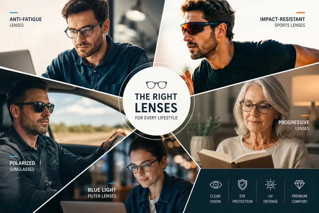 Designer-style collage featuring people wearing specialized eyewear for office work, sports, driving, and reading in everyday situations.