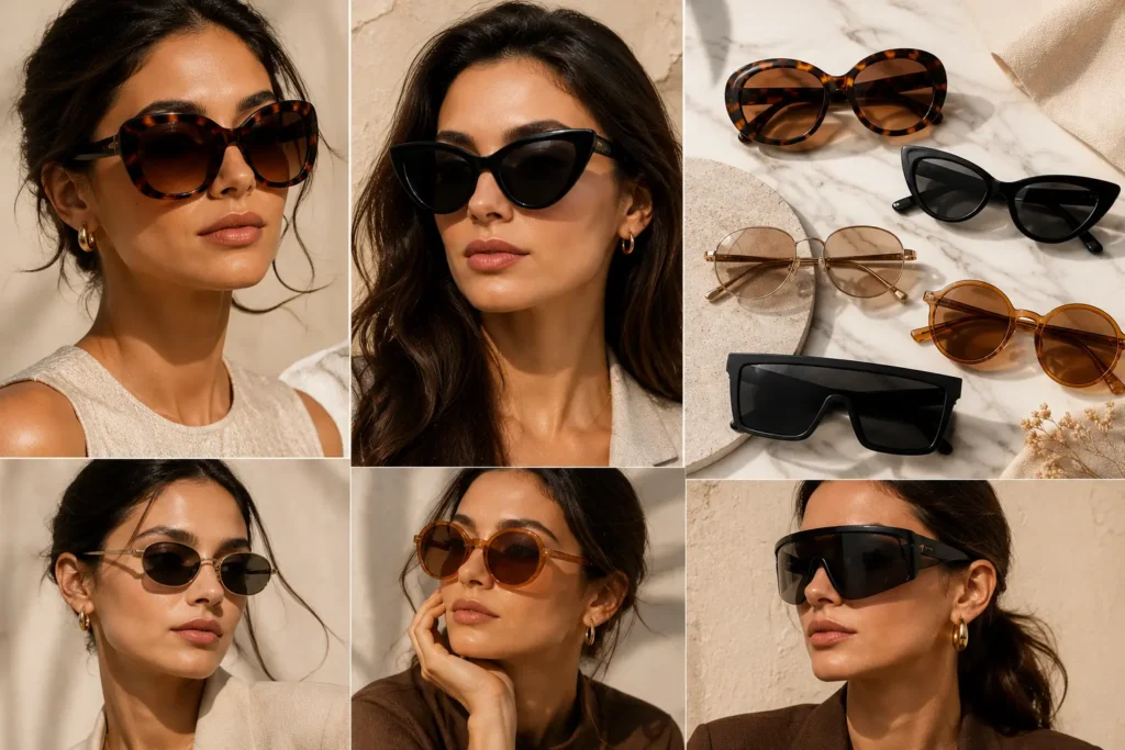 Luxury editorial collage featuring oversized sunglasses, angular cat-eye frames, slim wire sunglasses, amber-tinted retro styles, and futuristic shield sunglasses on a marble background.