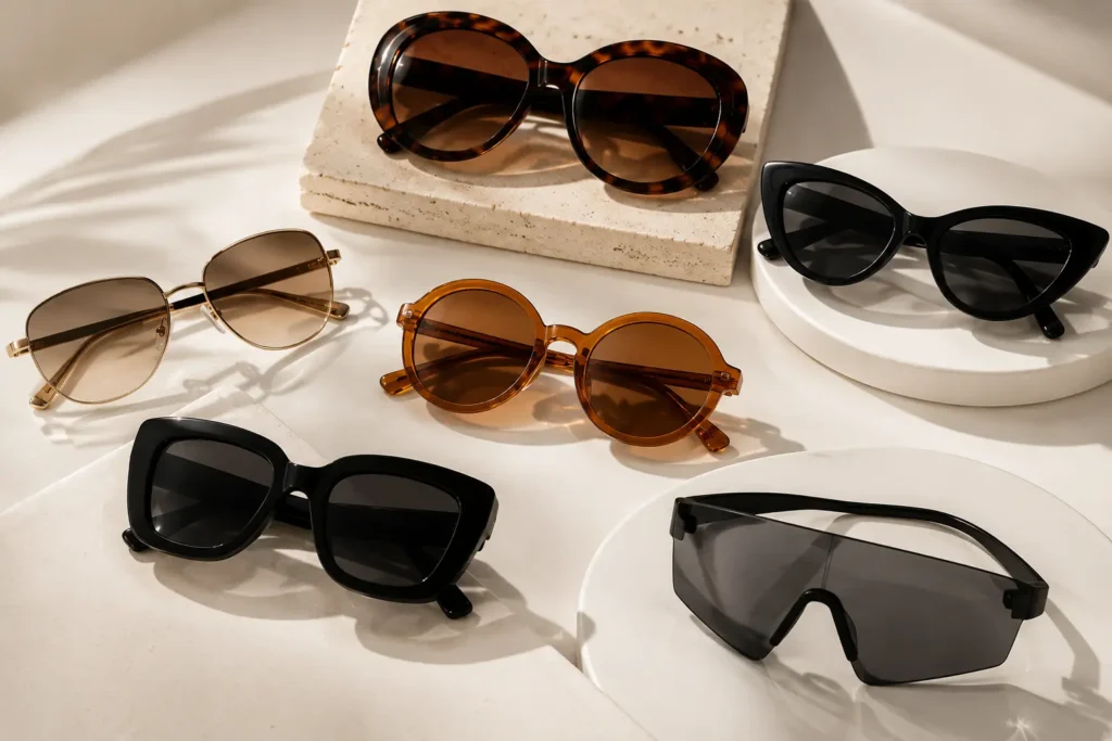 Premium sunglasses display featuring oversized acetate frames, bold cat-eye sunglasses, gold wire frames, tinted oval lenses, and futuristic shield sunglasses on a clean white background. - trends in sunglasses for women