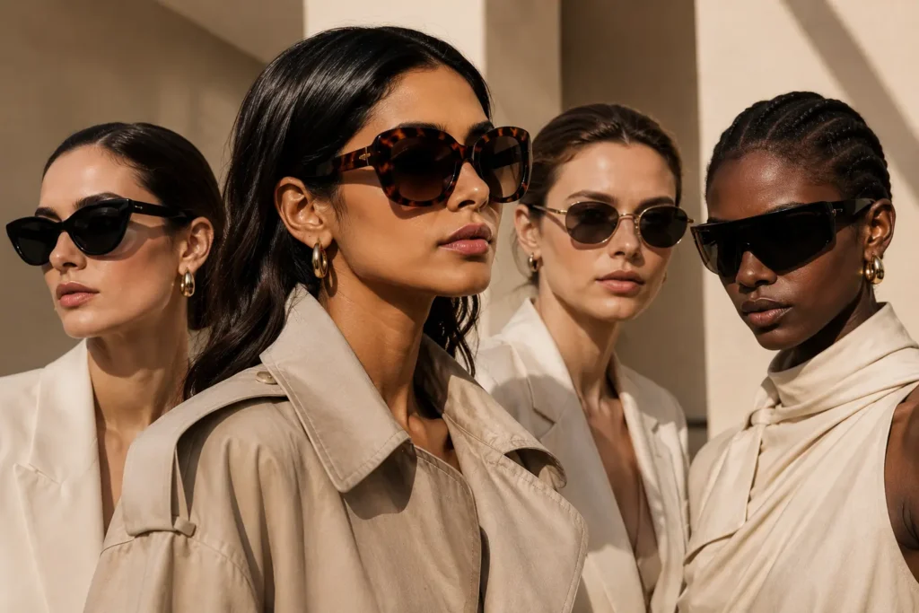 High-fashion editorial scene with women wearing oversized tortoiseshell sunglasses, bold cat-eye frames, sleek wire sunglasses, and futuristic shield styles inspired by Paris Fashion Week.