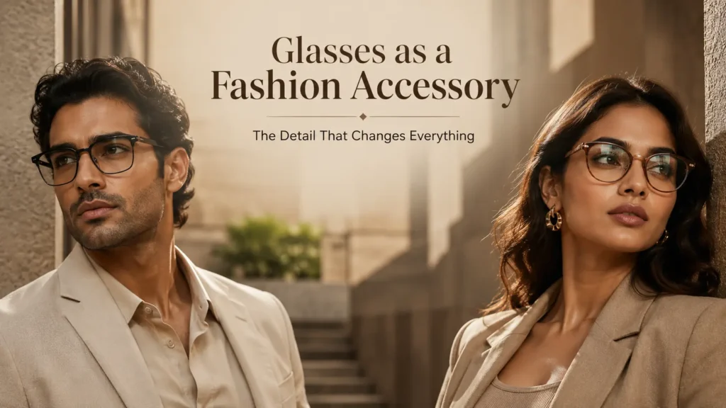 Glasses as a Fashion Accessory: The Detail That Changes Everything Stylish Indian models wearing premium eyeglasses with title text “Glasses as a Fashion Accessory” in a luxury fashion editorial setting.
