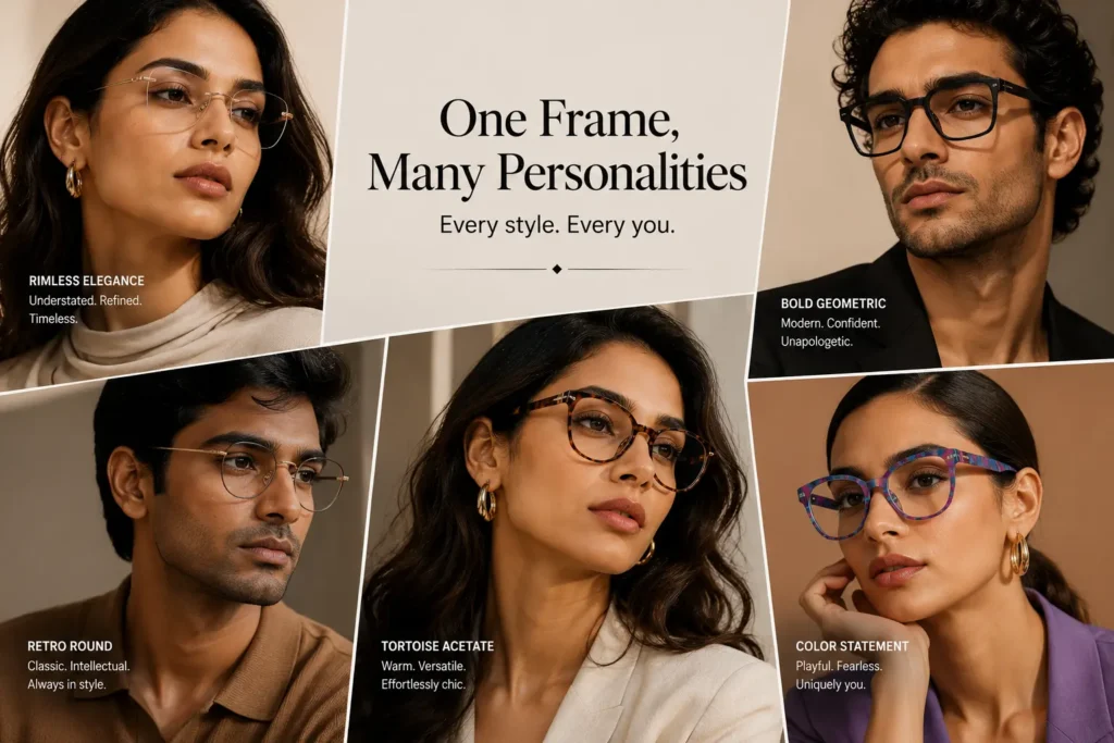 Different eyeglass frame styles representing unique personalities including rimless, geometric, retro, and tortoiseshell designs.