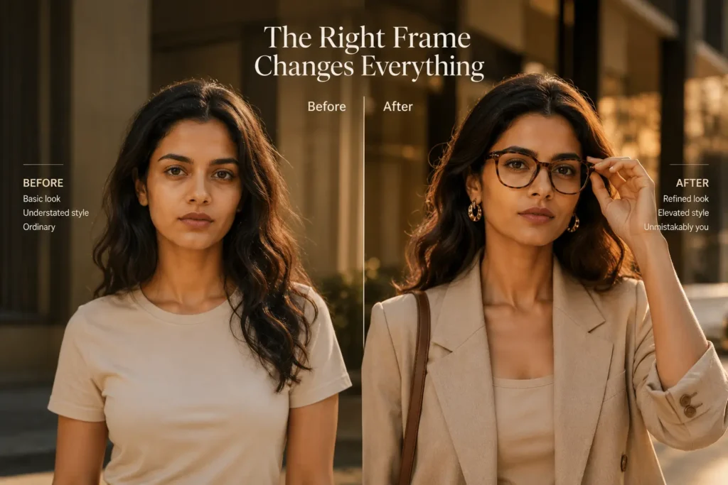 Fashion transformation showing how stylish eyeglasses instantly elevate a simple outfit into a polished modern look.