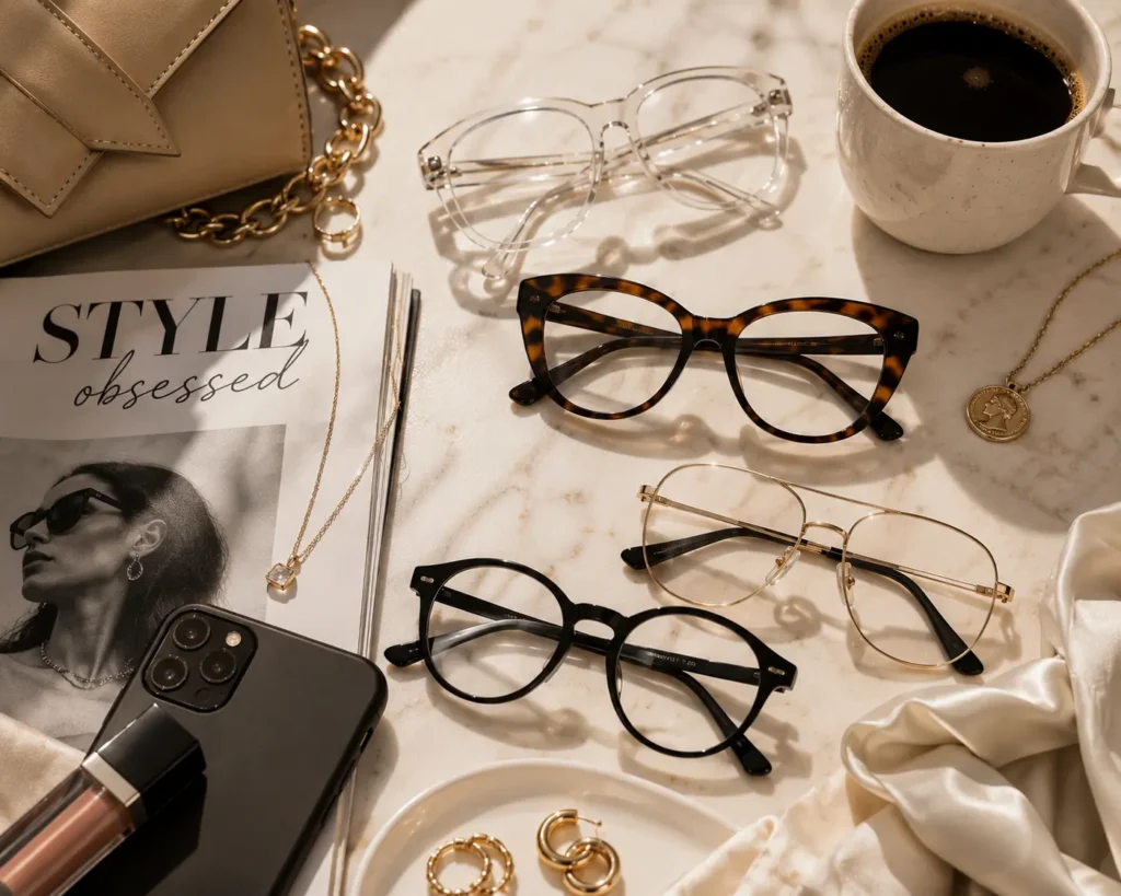 Stylish non-prescription fashion glasses arranged with modern lifestyle accessories in a trendy editorial setup.