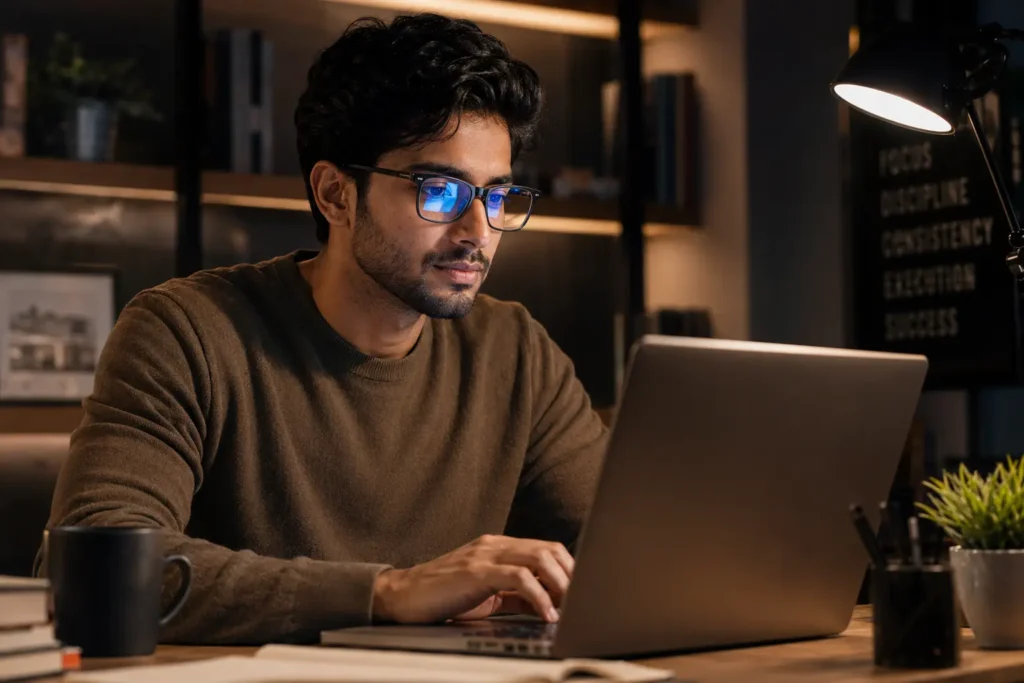 Professional wearing stylish blue light blocking glasses while working on a laptop in a modern workspace.