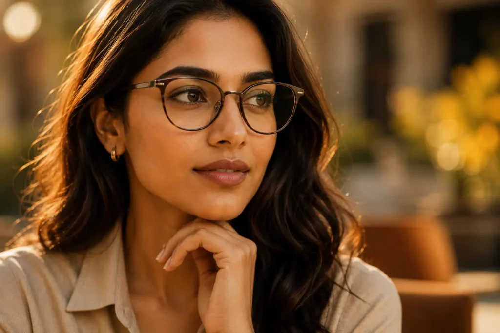 Woman comfortably wearing lightweight stylish eyeglasses in a premium fashion-inspired outdoor portrait.
