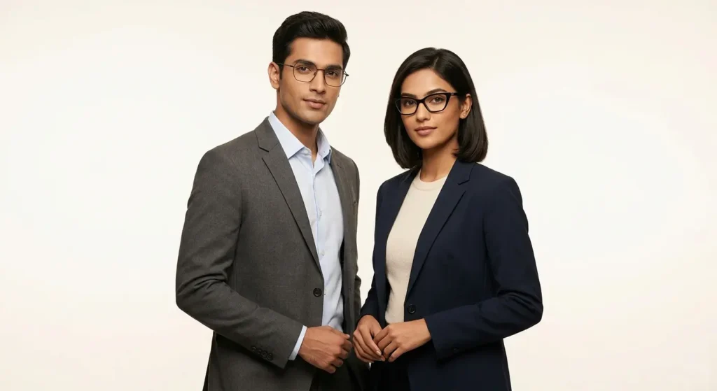 Indian man and woman wearing geometric and cat-eye eyeglass frames — premium eyewear styling 2026
