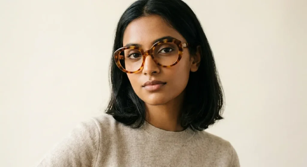 South Asian woman wearing oversized tortoiseshell eyeglass frames — luxury fashion editorial 2026