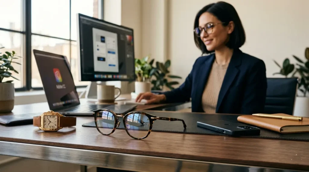 Why You Should Invest in Premium Eyewear Luxury premium eyeglasses displayed with modern lifestyle accessories in a high-end editorial eyewear setup.