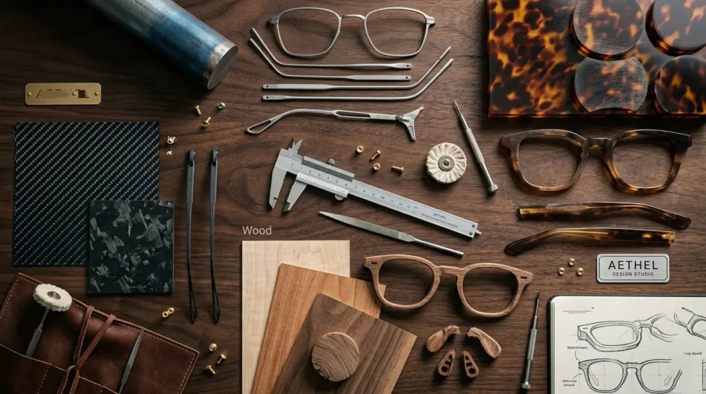 Why You Should Invest in Premium Eyewear Premium eyeglass frame materials including titanium, acetate, carbon fiber, and wood displayed in a luxury design setup.