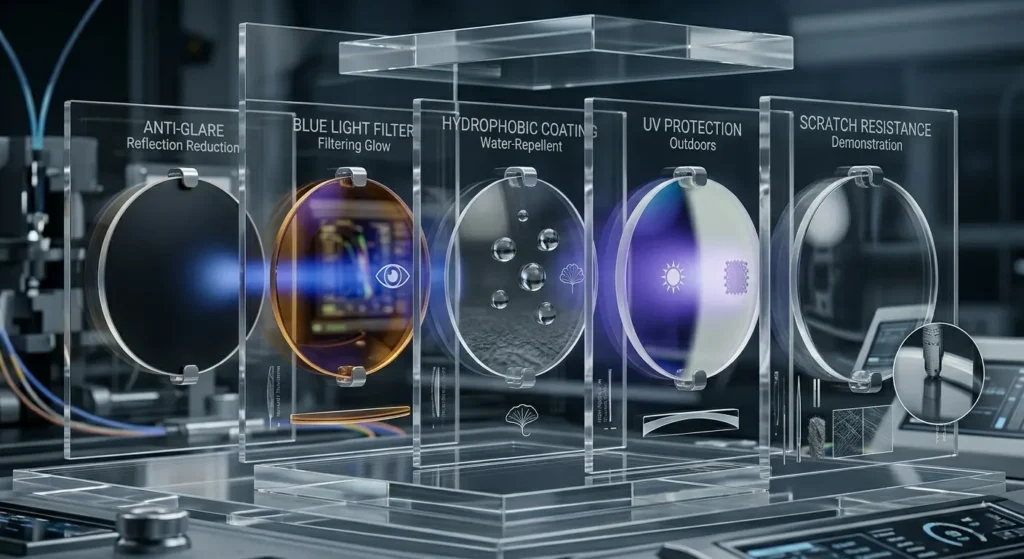 Close-up of eyeglass lenses demonstrating anti-glare, blue light filter, UV protection, hydrophobic, and scratch-resistant coatings.