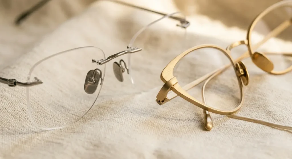 Close-up of rimless titanium and gold-finish metal eyeglass frames showing precision hinge craftsmanship