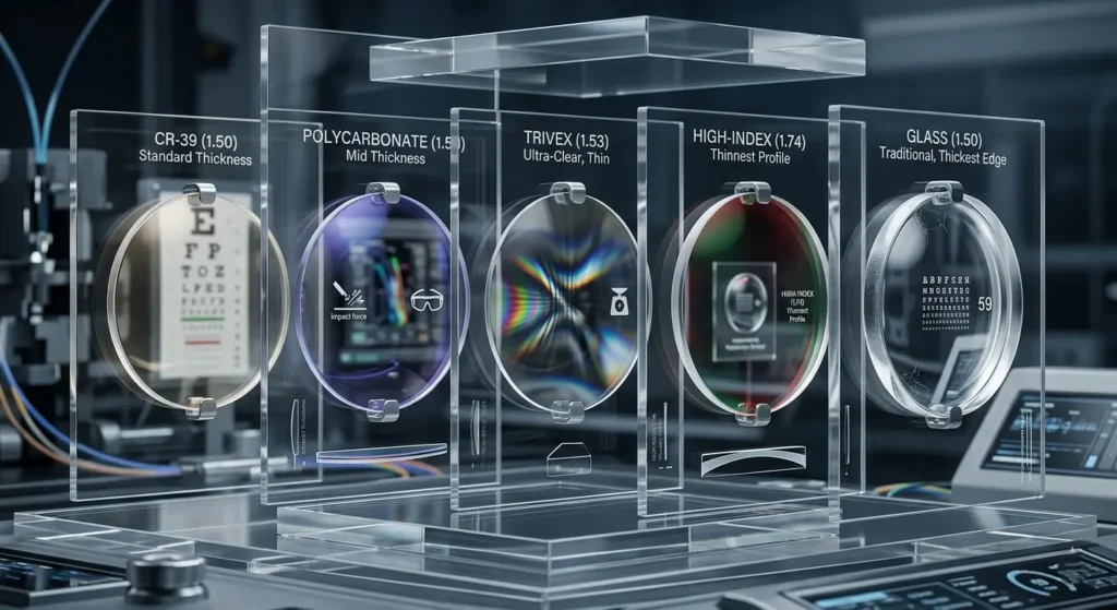 Macro comparison of eyeglass lens materials including CR-39, polycarbonate, Trivex, and high-index lenses in an optical lab setting.