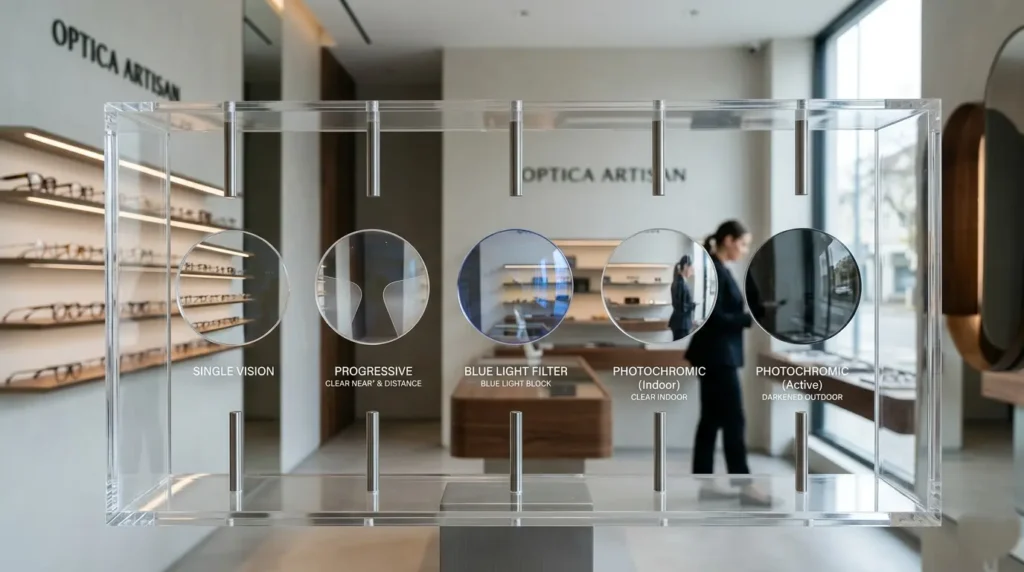 Premium eyewear lenses displayed in a futuristic optical setup showing different lens types for vision correction and eye protection.