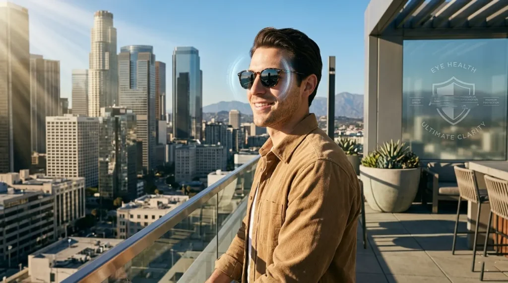 Why You Should Invest in Premium Eyewear Premium sunglasses with UV protection shielding eyes from harsh sunlight in an outdoor urban environment.