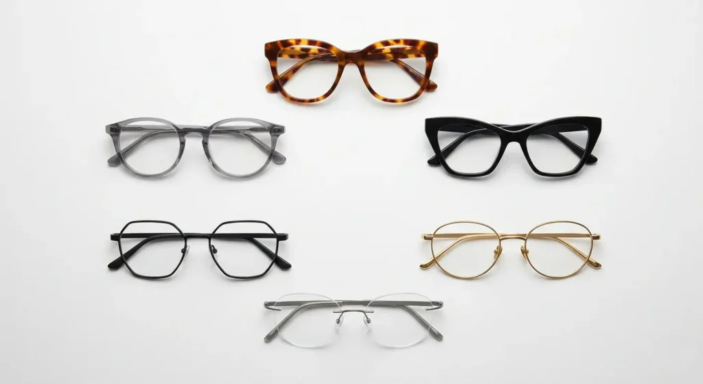 Collection of 2026 luxury eyeglass styles including tinted lenses, cat-eye, geometric and tortoiseshell frames