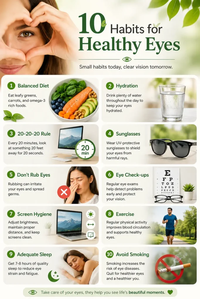 Red Eyes Causes: Why Your Eyes Turn Red and What to Do About It shares 10 everyday habits to protect your vision eat leafy greens, follow 20 20 20 rule and more health